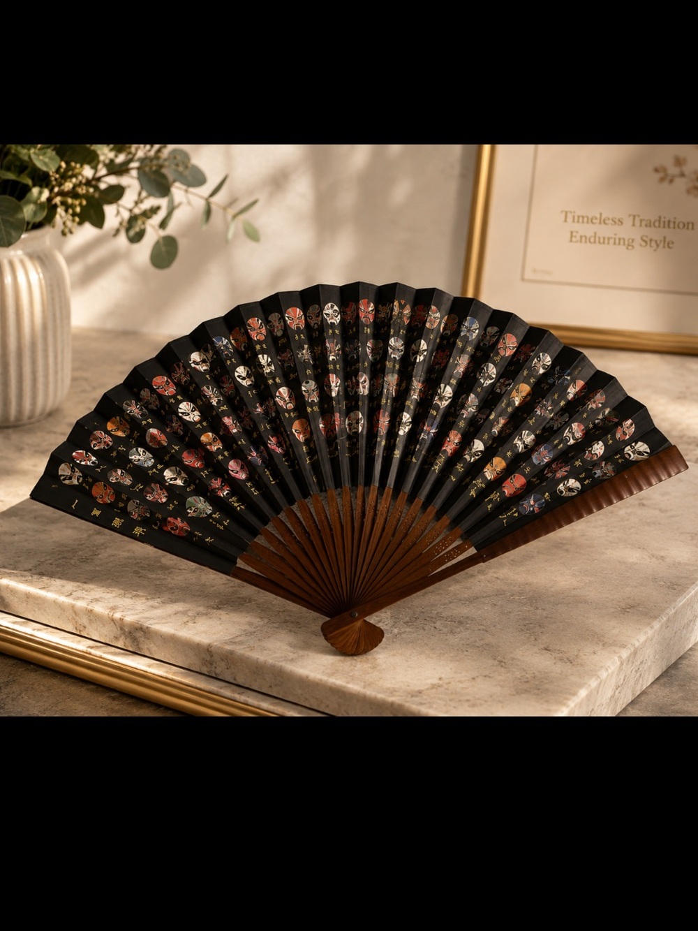 Vintage Chinese Peking Opera Mask Folding Fan Wood Black Gold Wall Decor